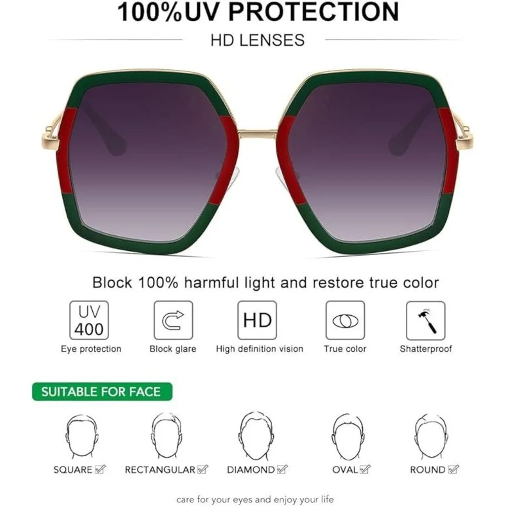 Women Oversized Hexagonal Sunglasses Green Red Stripe Gold Frame UV400 Gradient‎